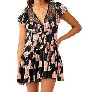 Free People Black Floral Mini Dress with Pink Rose Print